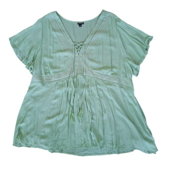 Torrid Babydoll Crinkle Gauze Crochet Inset Lace Up Top Women's Cute Green Sz 5X - Picture 3 of 14